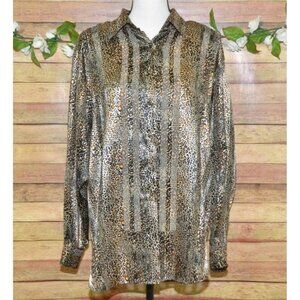 Karen Scott Ladies L Gold Metallic Cheetah Animal Print Button Up Blouse Tunic S